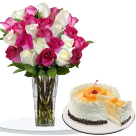 24 pink and white roses with peach mango cake to philippines