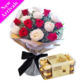 white and red rose bouquet with ferrero rocher box to manila