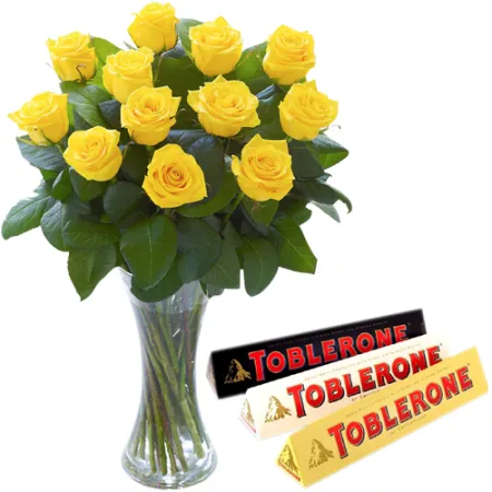 12 Yellow Roses In Vase With Toblerone 3 Varieties