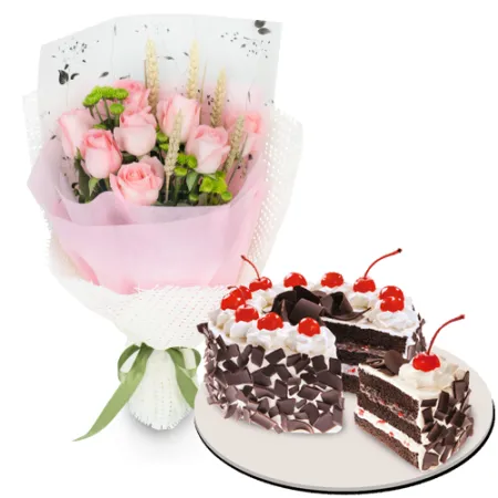 12 Roses w/ Black Forest Cake by Red Ribbon