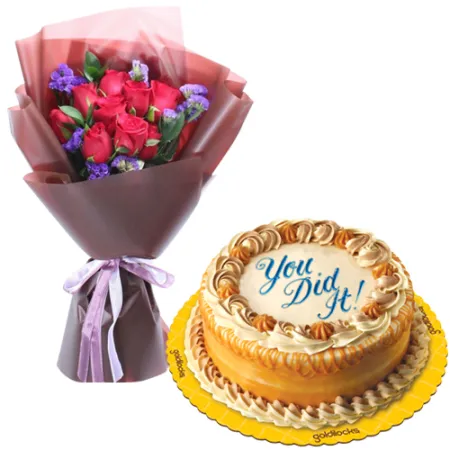 10 Red Roses with Luscious Caramel Cake