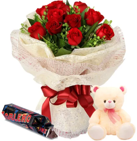 12 Red Roses With Toblerone Black Dark Chocolate & Small Bear