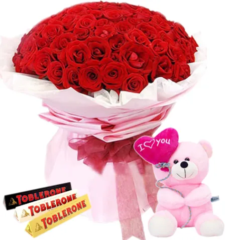 36 Red Roses With Toblerone 3 Varieties Chocolate & Small Bear