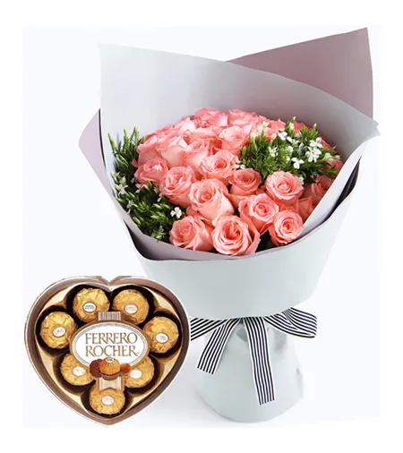 24 pink rose bouquet with ferrero heart shaped box to manila