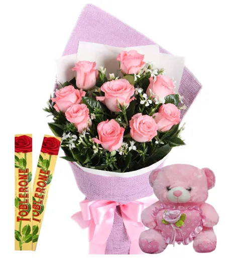 12 Pink Roses With Toblerone Chocolate & Cute Small Pink Bear