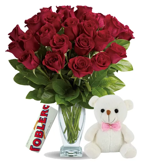 24 Red Roses In Vase With Toblerone Chocolate & Small Bear