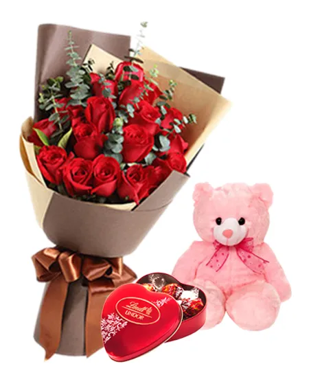 12 Red Roses With Lindt Chocolate And Small Bear