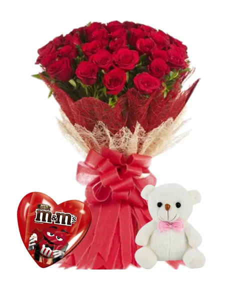 24 Red Roses With M&M Milk Chocolate & Cute Small Bear